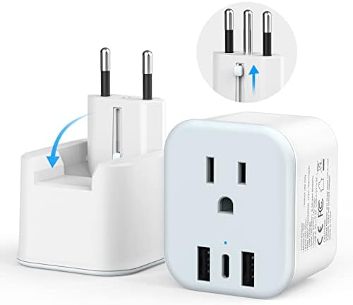 European Travel Plug Adapter Foldable International Power Plug Adapter with USB-C, Type C/L 2 in 1 Plug Adaptor Converter for US to Most of Europe EU Spain Italy France Germany