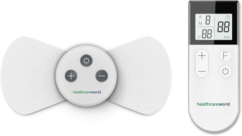 Healthcare World Dispositivo inalámbrico TENS para el tratamiento del dolor, estimulador nervioso y muscular portátil con 15 programas, 16 niveles de intensidad y 2 almohadillas autoadhesivas para