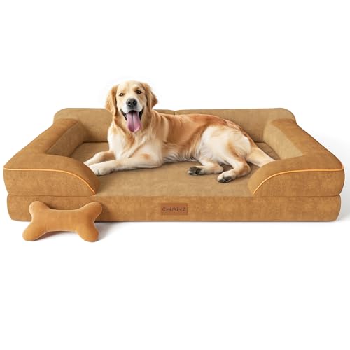 CWAWZ Cuccia Cani Taglia Grande, Cuccia Ortopedica Cane con Gel Memory Foam, 107x76x24cm Letto Cane Sfoderabile e Lavabile, con Giocattolo a Forma di Osso,Marrone
