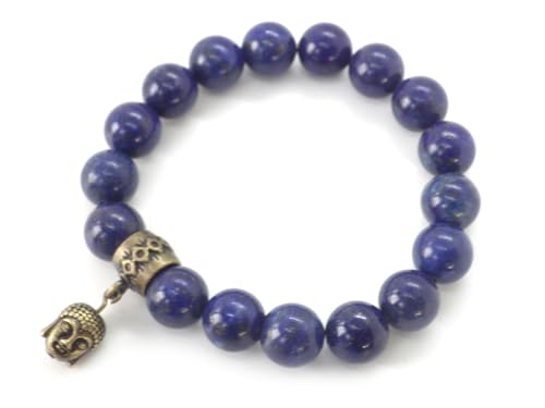 ThurColas Bracelet en lapis-lazuli naturel véritable d’Afghanistan – perles 10 mm – 19 cm – tête de Bouddha en laiton finition bronze antique – fabrication artisanale française