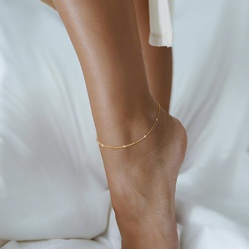 14K Gold Anklets for Women Gold Anklet Ankle Bracelets for Women Thin Ankle Bracelet Cuban Chain with Spaced Tiny Disc Cuban Link Anklets for Womens 10(8.5+1.5) Inches3