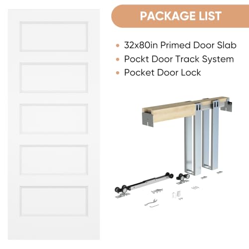 Image of BARNSMITH 32in x 80in Sliding Pocket Door, Track Hardware and Frame Kits with 5-Panel White Paintable Door Slab Included, Soft Close Mechanism, Durable and Smooth