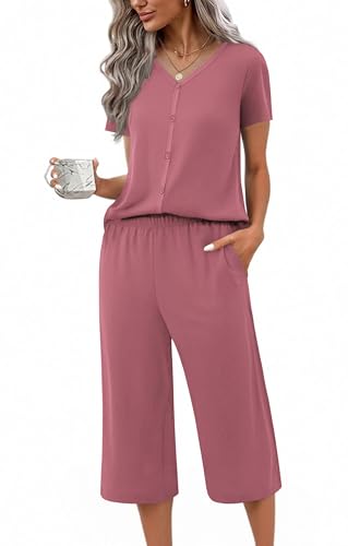 Image of Ekouaer Women's Pajama Sets Short Sleeve Sleepwear Button Up Pj Loungewear Top and Capri Pants with Pockets