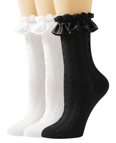 Image of AMHRLINGTO Women Lace Socks Ruffle Frilly Socks - Comfortable Cotton Socks Cute Socks Princess Lolita for Ladies Gril