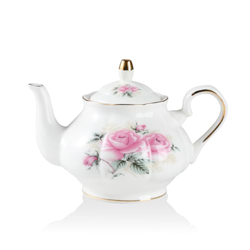 Sweejar Home Porcelain Teapot, Vintage Floral Gold Rim Design Ceramic Tea Pot, Flower Tea Loose Leaf Teapot, Coffee Pot, Women and Tea Lovers, 850ml, 3-4 Cups (Pink Flower)