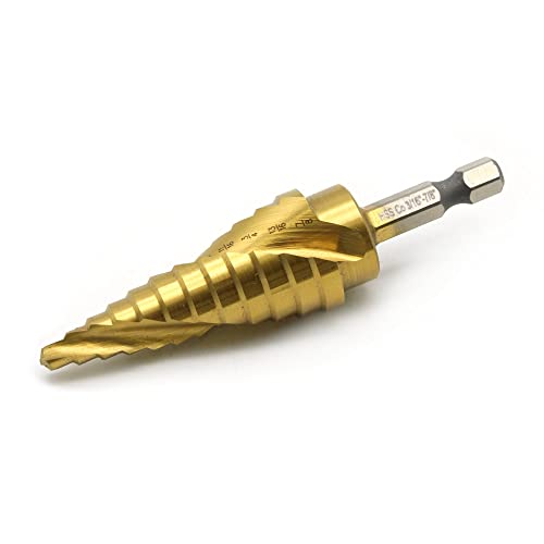 Image of TEMO M35 Cobalt Spiral Flute Step Drill Unibit with Titanium Coating, 12 Sizes 3 /16 Inch (4.8 mm) to 7 /8 Inch (22.2 mm), 1 /4 Inch Hex Shank