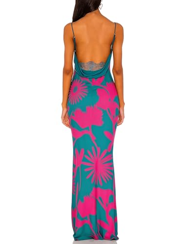 Image of Aigeman Women Spaghetti Straps Mermaid Evening Gown Wedding Guest Dress Drape Neck Lace Backless Formal Maxi Dress 21