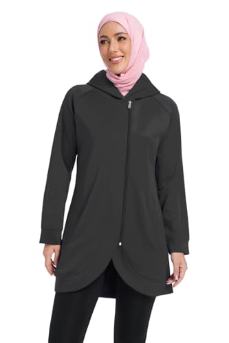 Modest Muslim Women's Zip Up Hoodie - Long Sleeve Athletic Pullover Jacket for Sports, Sweatshirt with Pockets