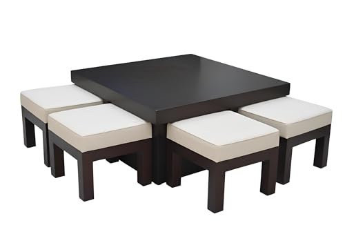 Image of Loonart Solid Sheesham Wood Coffee Table with Four Cushioned Stools|Idel for Living Room|Cafe|Restaurant|Space Saving Indoor Table Set|Finish Color - Warm Chestnut Finish|Off White Cushion|