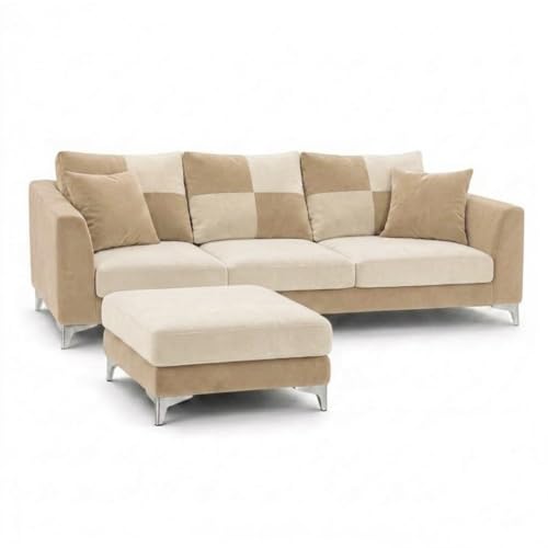 Image of Romeo Rich 4 Seater L Shape Sofa Set with Movable Ottomans | Flexible Layout | Velvet Suede Fabric | Golden Aesthetic Legs | Dual Tone Modern Sofa for Living Room (Beige-Cream)
