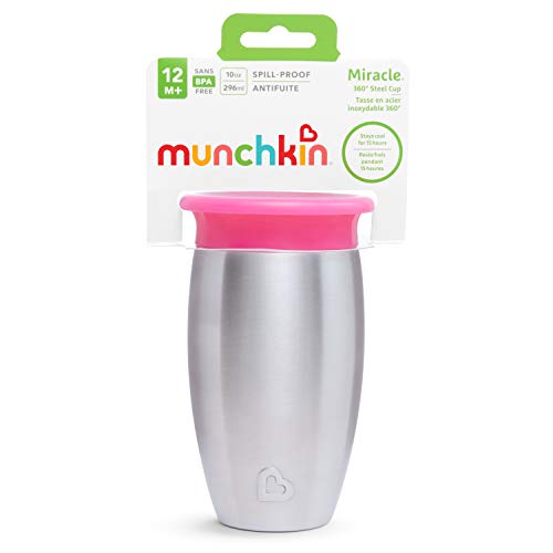 Image of Munchkin Stainless Steel Sippy Cups for Toddlers 1-3, Spill Proof Miracle 360 Cup, Insulated, Pink,10 Ounces (Pack of 12)