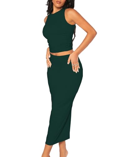 Image of Bdwinz Women's Casual 2 Piece Dress Round Neck Tank Top Bodycon Midi Skirt Dress Set