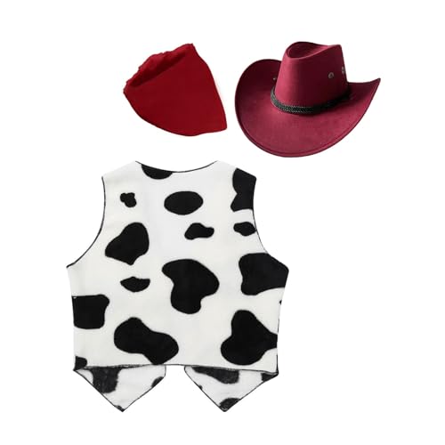 Hansber Kids Cowboy Cowgirl Outfits Open Front Waistcoat Tops Cow Print Vest with Bandana Hats for Halloween Party2