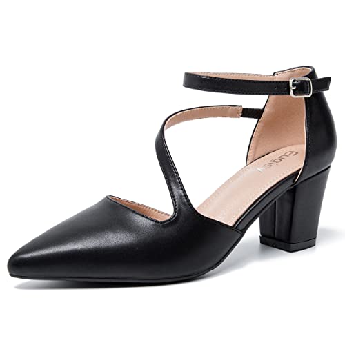 Women's Low Heel Pumps Closed Pointed Toe Block Chunky Heel Cross Strap Wedding Bridal Party Dress Shoes