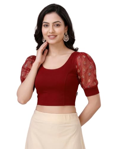 Image of SFT Women's Cotton Lycra Blend Readymade Saree Blouse with Round Neck Half Sleeves Solid Pattern Knit Weave Regular Fit and Pull On Closure