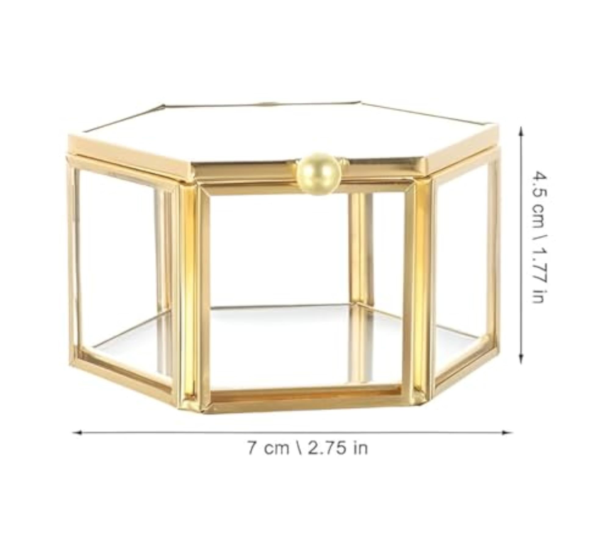 Hexagonal Glass Ring Box with Brass Gold Frame