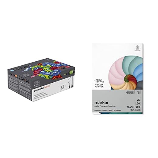 Winsor & Newton Promarker Brush, Set de 48 Rotuladores de Alcohol, Doble Punta, Punta Pincel, Colección Colores Esenciales + Bloc Papel rotuladores, Blanco, DIN A3