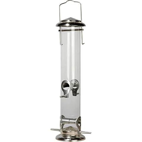 dobar® 11520 Große Vogelfuttersäule mit Acrylglasröhre - Futterstation für Wildvögel aus Stahl - Vogelfutterspender zum Hängen - Futter für Garten/Terrasse/Balkon - Ø 9,5 x 39 cm - Silber Cover
