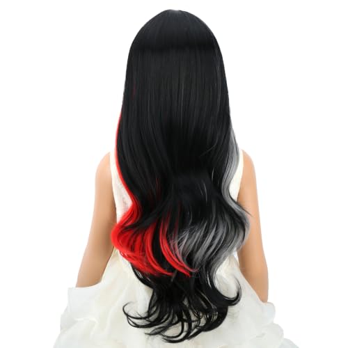 Image of Black Red Silver Gray Wig Long Colorful Middle Part Wig Long Wavy Curly Wigs Heat Resistant Synthetic Wigs for Daily Party Use