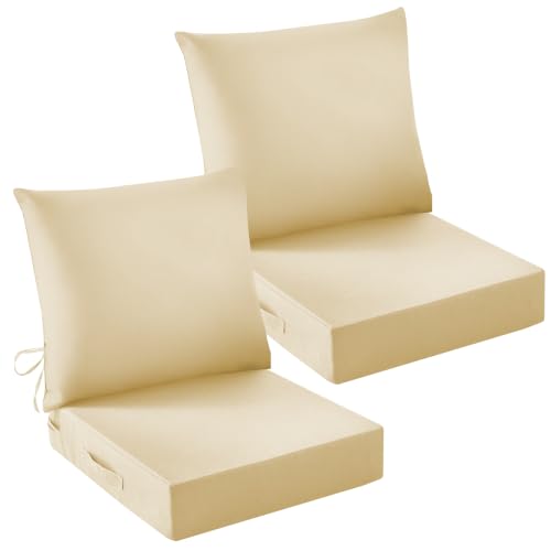 Image of Outdoor Chair Cushions, 24 x 24 Inch Outdoor Cushion for Patio Furniture, Patio Chair Cushion, Waterproof & Fade Resistant Deep Patio Furniture Cushion Set with Handle and Ties, Light Khaki (Set of 2)
