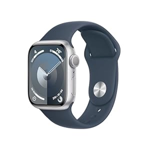 Apple Watch Series 9 [GPS 41mm] Smartwatch with Silver Aluminum Case with Storm Blue Sport Band S/M. Fitness Tracker, ECG Apps, Always-On Retina Display, Water Resistant