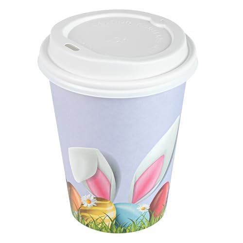 Restpresso 12 Ounce Easter Party Cups, 400 Hot Cups with Plastic Lids - Easter Bunny and Egg Design, Disposable, Purple Paper Coffee Cups, Single Wall, Serve Hot and Cold Drinks
