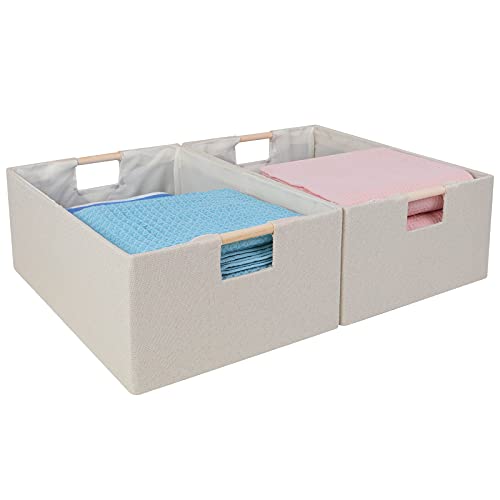 Anminy 2Pcs Storage Bins Set Foldable Cotton Linen Open Storage Baskets Box With Wood Handles Decorative Nursery Baby Kid Toy Clothes Towel Laundry Organizer Container Solid Color - Medium, Beige #TOP1