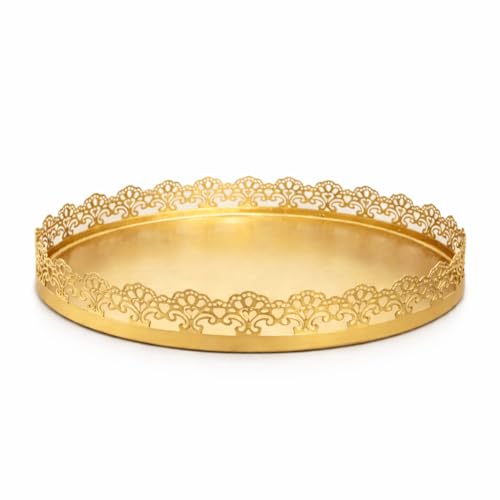 Image of Gold Finish Decorative Metal Tray | Multipurpose Serving & Vanity Tray | Premium Cutwork Design | Home Decor Organizer | 28 x 4 cm (Gold)