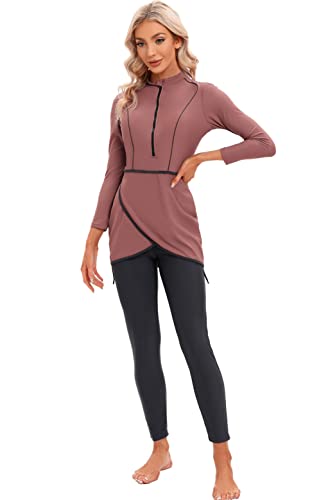 Muslim Modest Swimsuits for Women 3pcs Long Sleeve Zipper Full Cover Hijab Burkini Conservative Muslim Swimwear3