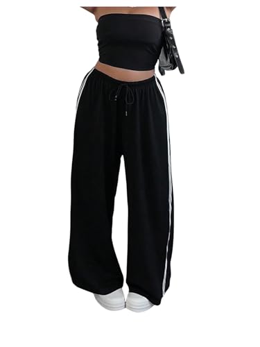 GORGLITTER Women's Plus Size Wide Leg Striped Baggy Track Pants Drawstring High Waist Sweatpants