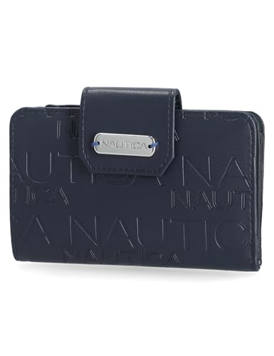 Image of Nautica Womens, Close Reach Vegan Leather RFID Wallet, Small Credit Card Holder Purse with Zipper Coin Pocket and ID Window in Indigo Embossed