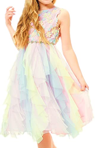 Rainbow Dress For Girls Easter Spring Lace Tulle Mesh Grils Summer Dress Flower Girls Party Dance Dress For Little Girls 3T #TOP1