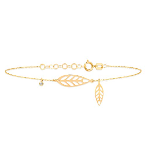 GELIN 14K Solid Yellow Gold with Diamond Leaf Drop Adjustable Chain Bracelet | Gold Bracelets for Women | Charms Jewelry