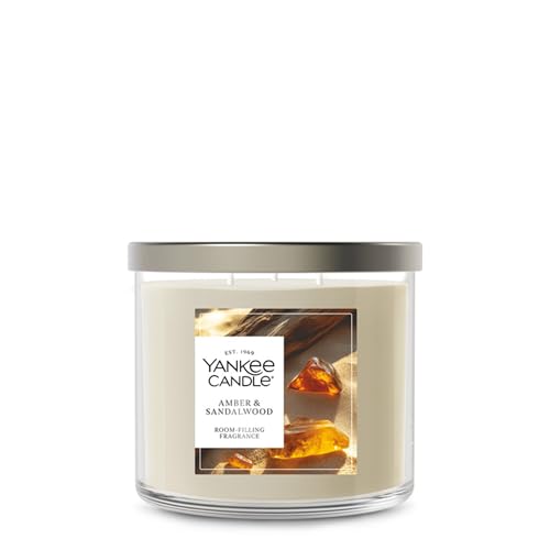 Image of Yankee Candle Amber & Sandalwood, Fall Scented Candle, 14.5oz 3-Wick Candle Jar with up to 40 Hours Burn Time