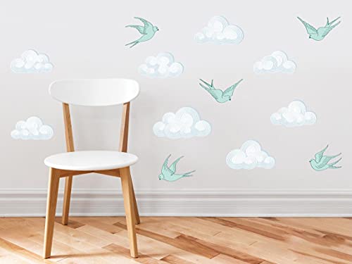 Sunny Decals Modern Birds Fabric Wall Decals (Set of 10), Aqua