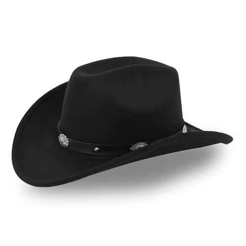 Cappello da cowboy e cowgirl classico in feltro nero con falda arrotolabile, per donne e uomini, decorazione con bukle per cintura in stile western