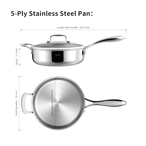 Image of 10 Inch / 2.8 Quart 5-Ply Stainless Steel Saute Pan with Glass Lid