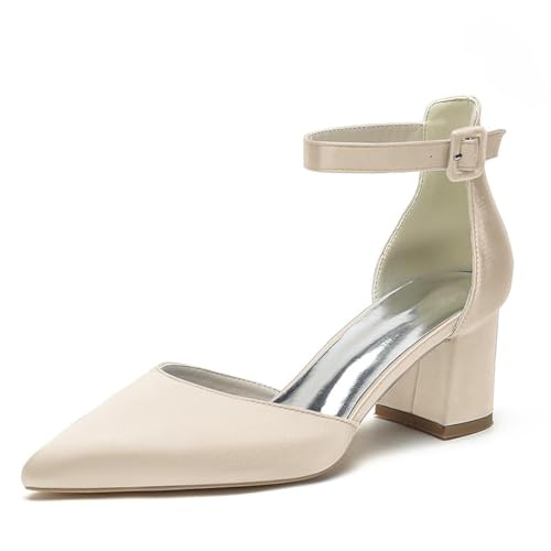 Wome's Pointed Toe Low Chunky Heels Satin Block Ankle Strap Pumps Wedding Bridal Party Dress Shoes