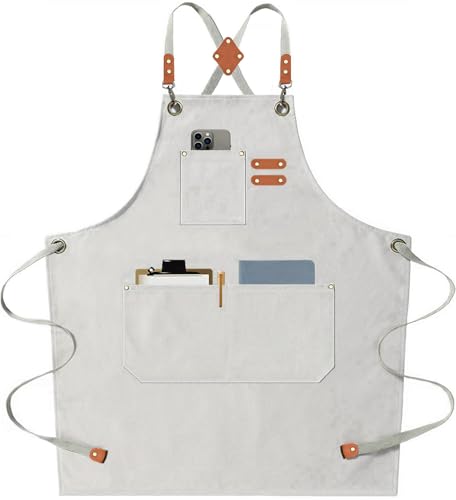 AFUN Chef Aprons for Men Women with Oversized Pockets, 16-Ounce Cotton Canvas Cross Back Heavy Duty Work Apron (Beige)