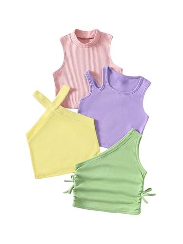 Image of Milumia Girl's 4 Pack Rib Knitted Asymmetrical Neck Sleeveless Fitted Basic Tank Tops