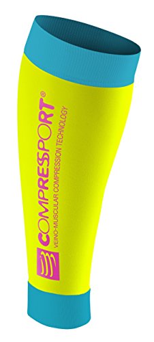 COMPRESSPORT Calf R2 Calze Compressive da Gara e da Recupero, Giallo (Fluo Yellow), 4