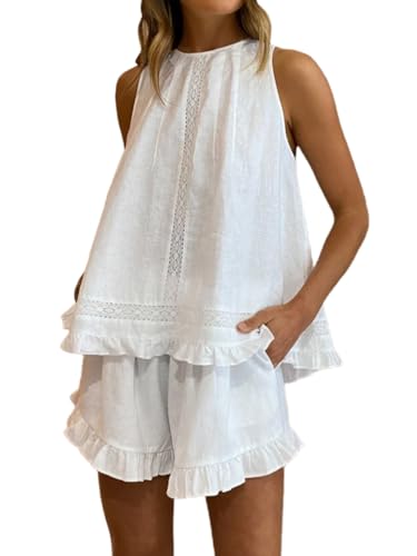 Womens Ruffle Short Set 2 Piece Outfits Fashion Summer Sleeveless Lace Trim Top and Shorts Cotton Pajama Sets