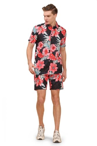 Mens Printed Casual Hawaiian Shirt and Shorts Set Button Down Co-ord Set