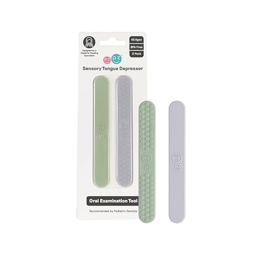 Image of ezpz Sensory Tongue Depressors - All Ages (2 Pack in Sage /Pewter) - Silicone /Stainless Steel Tongue Depressor for Visibility Into The Mouth + Healthy Oral Care Routine