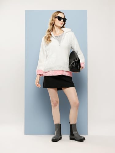 Image of Aarika Womens Winter Wear White-Pink Colour Solid Fur Sweat Shirt