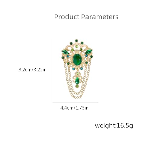 Image of Dainty Green Simulated CZ Tassel Drop Brooch Lapel Pins for Women Vintage Antique Gold-Tone Simulated Pearl Flower Brooches Pin for Dress Suit Accessories Fashion Jewelry