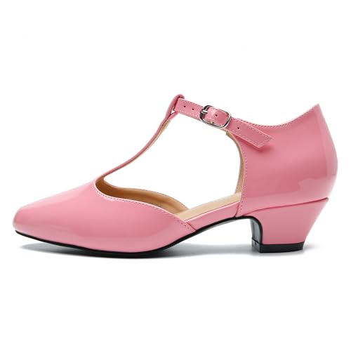 Image of MAIERNISI JESSI Women's T-Strap Mary Jane Pumps, Low Block Heel, Closed Toe, Buckle Ankle Strap