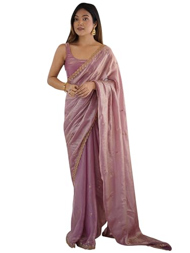 Image of AKHILAM Women's Shimmer Tissue Embroidered Saree With Unstitched Blouse Piece