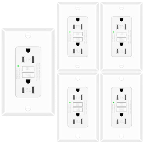 5 Pack 15 Amp GFCI Outlet, Self-Test Ground Fault Protector with LED Indicator, Tamper Resistant GFI Electrical Receptacle, ETL Certified, Wallplate Included, White