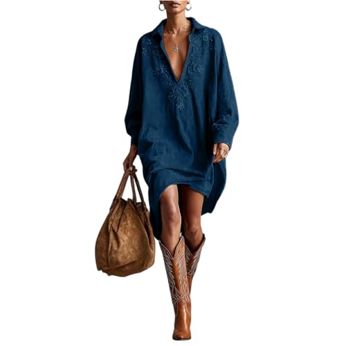 Image of Womens Faux Suede Western Vintage Midi Dress, Long Sleeve Lapel Deep V Neck Fall Winter Velvet Retro Style Dress